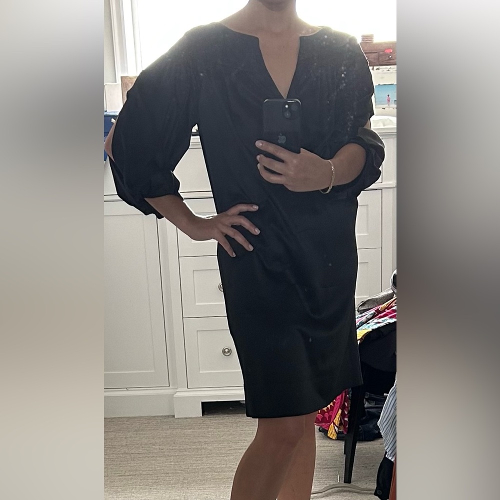 Diane Von Furstenberg Black Sheath Dress with V-Neck and Bishop Sleeves